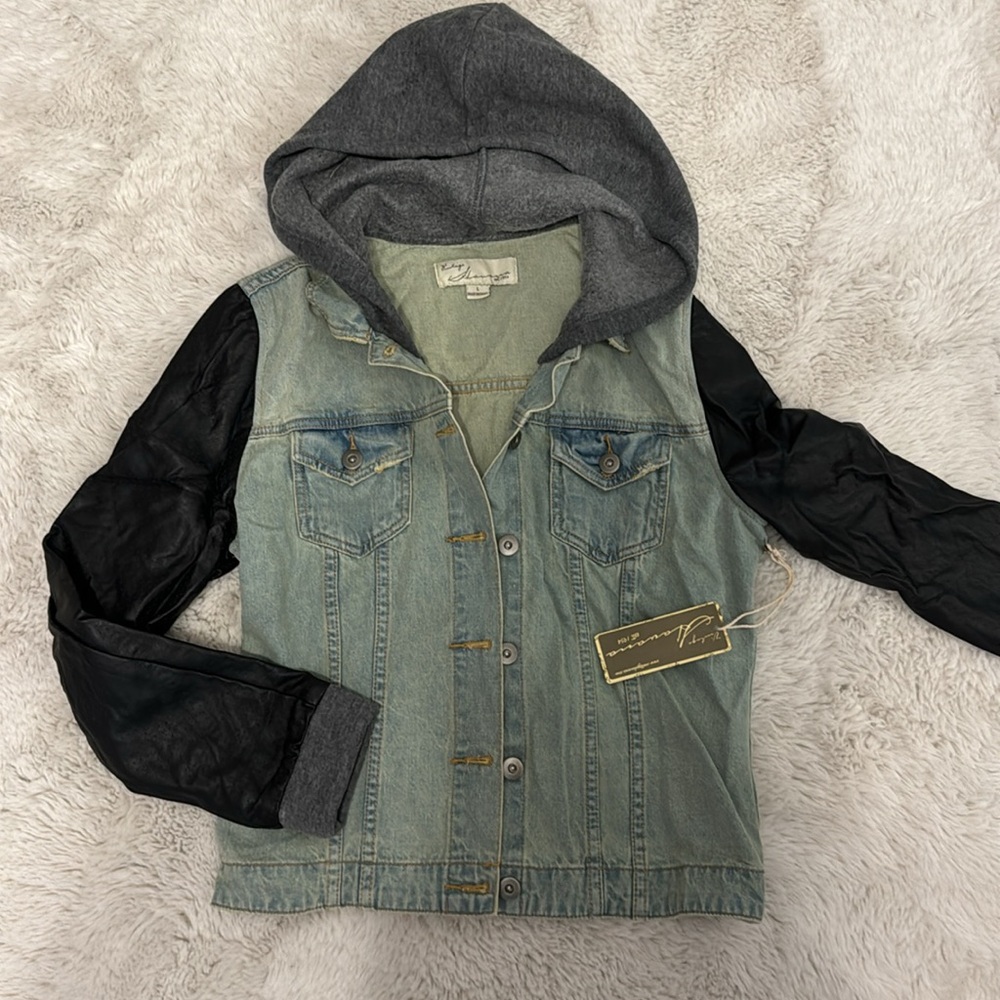 Leather Sleeved Jacket with Contrasting Denim and soft warm grey hood.